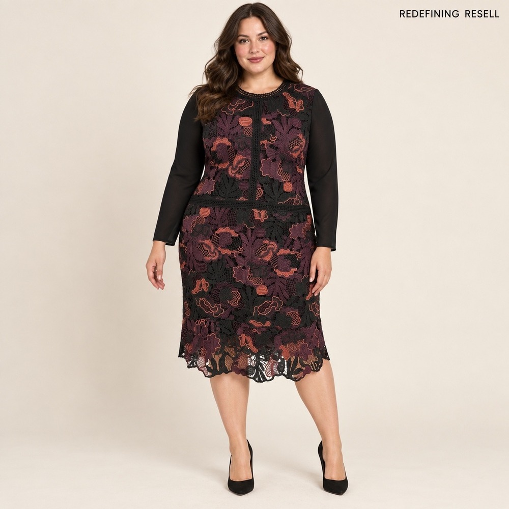 Midnight Velvet Womens Floral Lace Long Sleeve Sheath Dress Black Plum 20/22